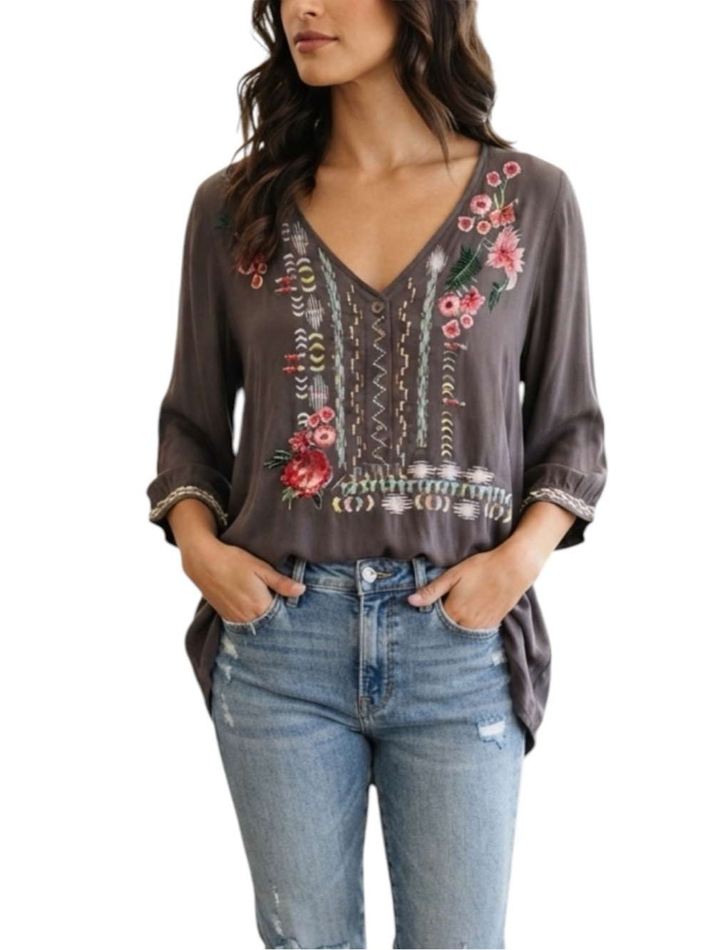 Floriday Embroidered V-Neck Floral Rayon Blouse - Gray Size M